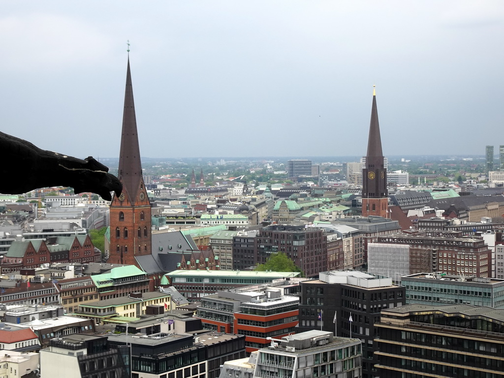 The east side of the city with St. Peter`s Church and St. James` Church, viewed from the tower of the St. Nikolai Memorial