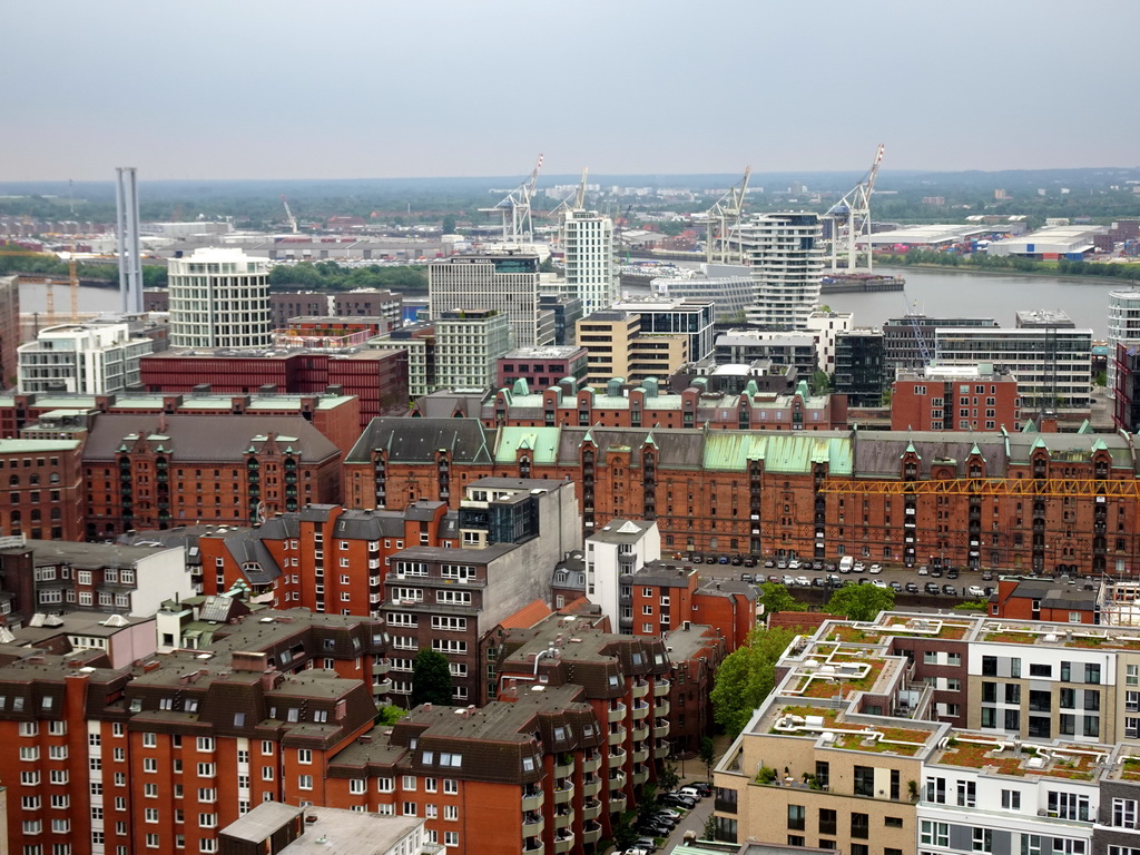 The south side of the city with the Elbe river and the Hamburg harbour, viewed from the tower of the St. Nikolai Memorial