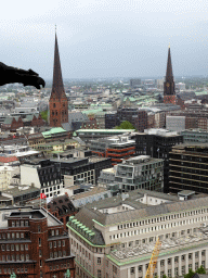 The east side of the city with St. Peter`s Church and St. James` Church, viewed from the tower of the St. Nikolai Memorial