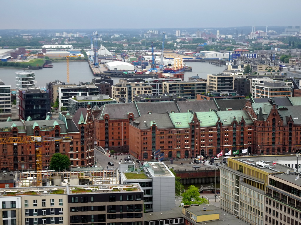 The south side of the city with the Elbe river and the Hamburg harbour, viewed from the tower of the St. Nikolai Memorial