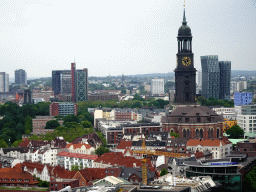 The west side of the city with St. Michael`s Church and the Dancing Towers, viewed from the tower of the St. Nikolai Memorial