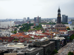 The west side of the city with the Elbe river, St. Michael`s Church and the Dancing Towers, viewed from the tower of the St. Nikolai Memorial