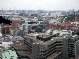 The southwest side of the city with the Deutsche Bundesbank building, the Elbe river and the Hamburg harbour, viewed from the tower of the St. Nikolai Memorial