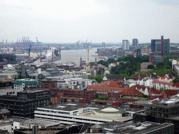 The southwest side of the city with the Elbe river and the Hamburg harbour, viewed from the tower of the St. Nikolai Memorial