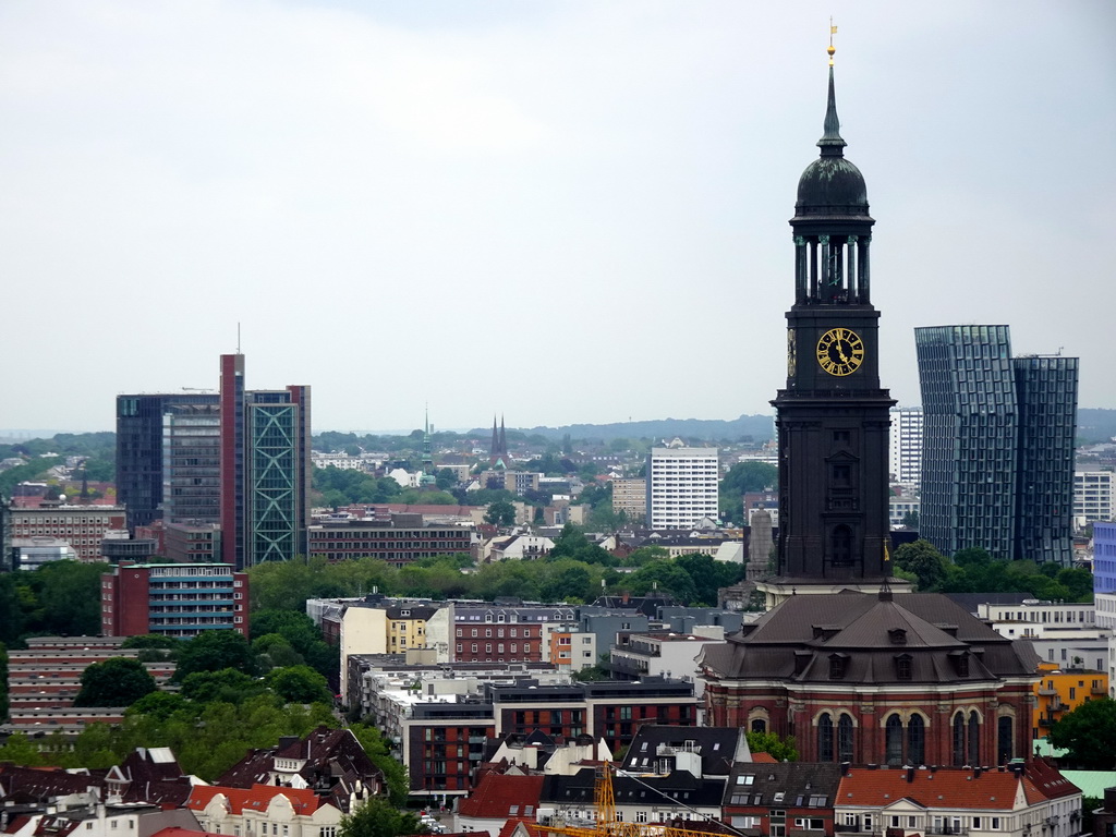 The west side of the city with St. Michael`s Church and the Dancing Towers, viewed from the tower of the St. Nikolai Memorial