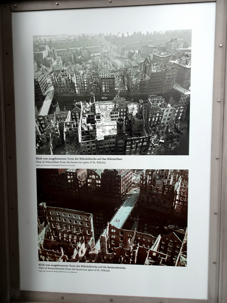Photographs of the city after the bombardment during World War II, at the tower of the St. Nikolai Memorial