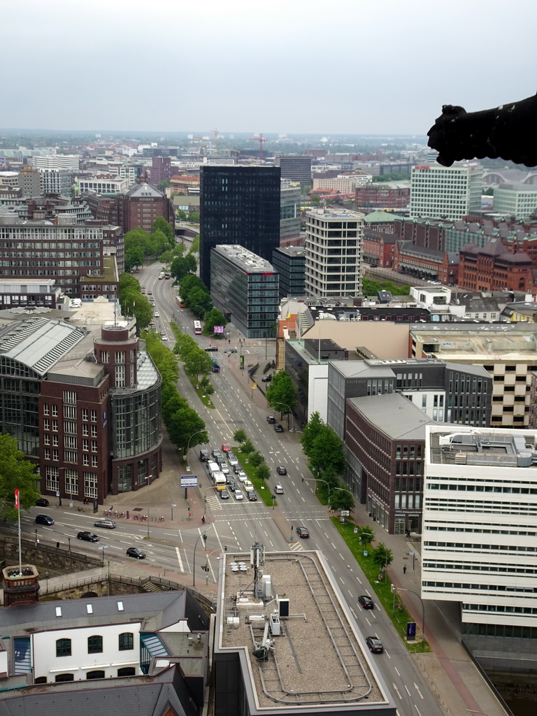 The east side of the city with the Willy-Brandt-Straße street, viewed from the tower of the St. Nikolai Memorial