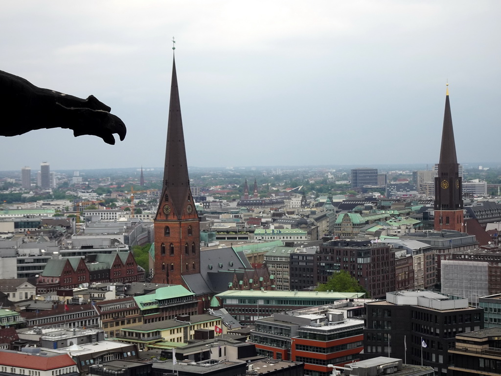 The east side of the city with St. Peter`s Church and St. James` Church, viewed from the tower of the St. Nikolai Memorial