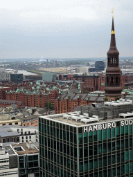 The southeast side of the city with the St. Katharinen Church and the Elbe river, viewed from the tower of the St. Nikolai Memorial