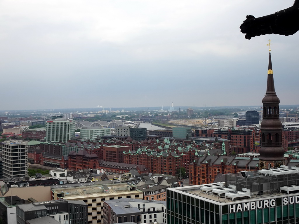 The southeast side of the city with the St. Katharinen Church and the Elbe river, viewed from the tower of the St. Nikolai Memorial