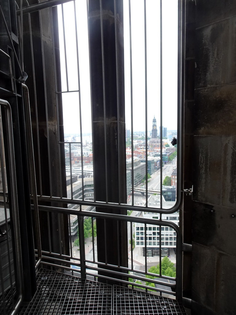 The viewing point at the tower of the St. Nikolai Memorial, with a view on the west side of the city with the Willy-Brandt-Straße street and St. Michael`s Church