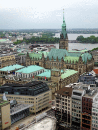 The northeast side of the city with the Town Hall, the Binnenalster lake and the Außenalster lake, viewed from the tower of the St. Nikolai Memorial