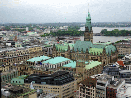 The northeast side of the city with the Town Hall, the Binnenalster lake and the Außenalster lake, viewed from the tower of the St. Nikolai Memorial