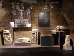 Altar, bust and rocks from the St. Nikolai Church during and after operation Gomorrah, at the Museum of the St. Nikolai Memorial, with explanation