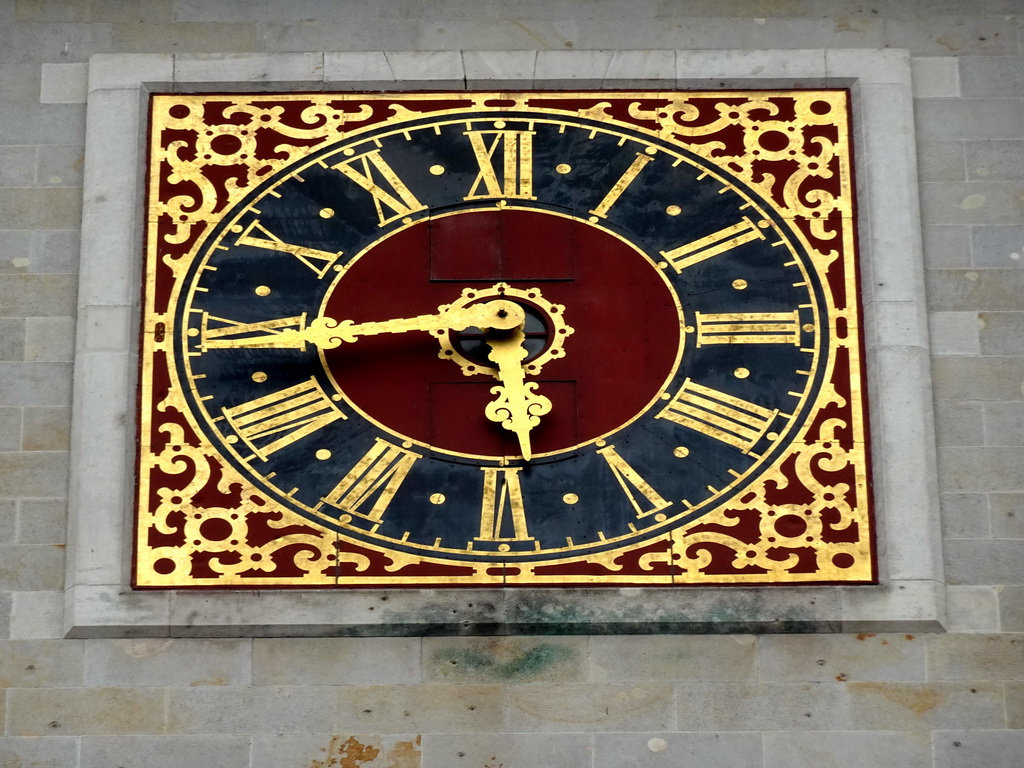 Clock at the facade of the City Hall, viewed from the Rathausmarkt square