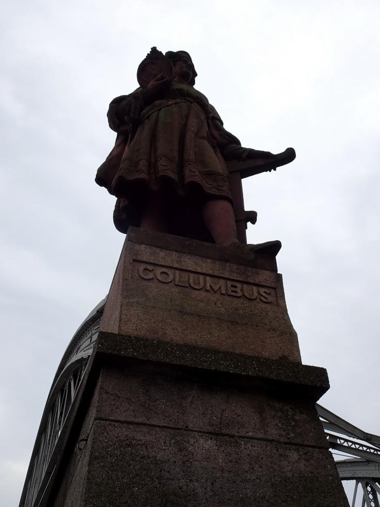 Statue of Christopher Columbus at the bridge at the north side of the Bei St. Annen street over the Zollkanal canal