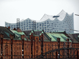 Warehouses at the Speicherstadt area and the Elbphilharmonie concert hall, viewed from the Bei St. Annen street