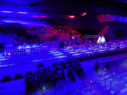 Scale model of the railway track and the Arctic Cathedral of Tromsø at the Scandinavia section of Miniatur Wunderland, by night