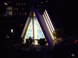 Scale model of the Arctic Cathedral of Tromsø at the Scandinavia section of Miniatur Wunderland, by night