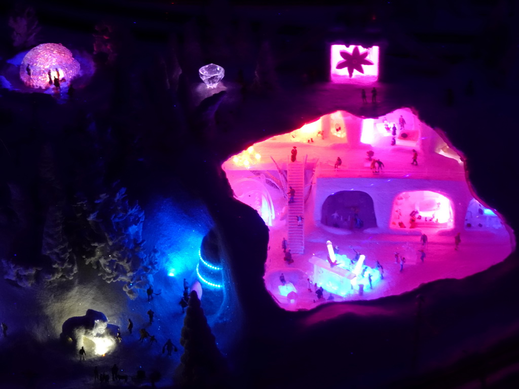 Scale model of the fictional snow landscape at the Scandinavia section of Miniatur Wunderland, by night
