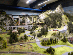 Scale model of a railway track, bridges and mountain at the fictional town of Knuffingen at the Knuffingen section of Miniatur Wunderland