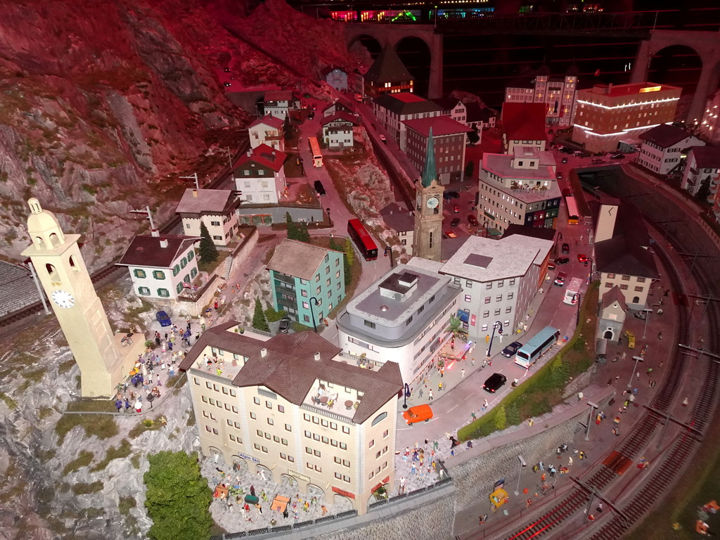 Scale model of a town at the Switzerland section of Miniatur Wunderland, at sunset