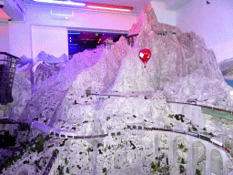 Scale model of the Matterhorn mountain at the Switzerland section of Miniatur Wunderland, at sunset