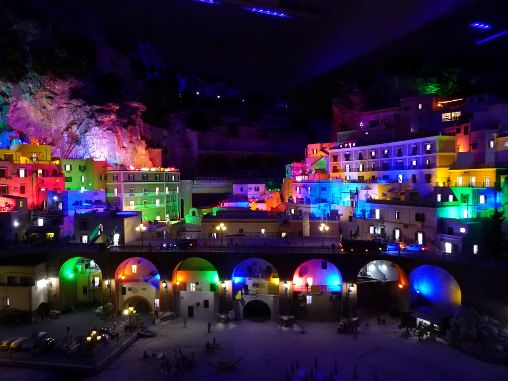 Scale model of the city of Atrani at the Italy section of Miniatur Wunderland, by night