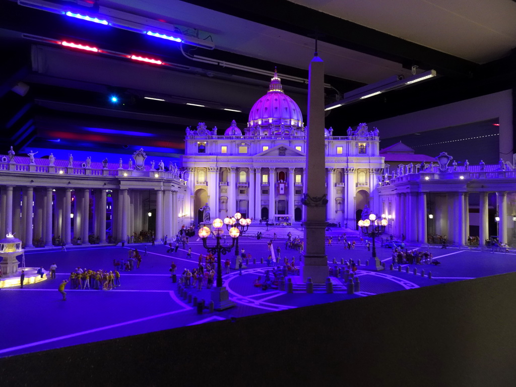 Scale model of St. Peter`s Basilica at the Italy section of Miniatur Wunderland, by night