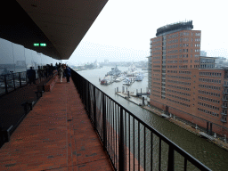 The north side of the viewing point of the Elbphilharmonie concert hall, with a view on boats in the Elbe river