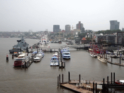 Boats in the Elbe river, the Niederhafen harbour and the St. Pauli Piers, viewed from the viewing point of the Elbphilharmonie concert hall