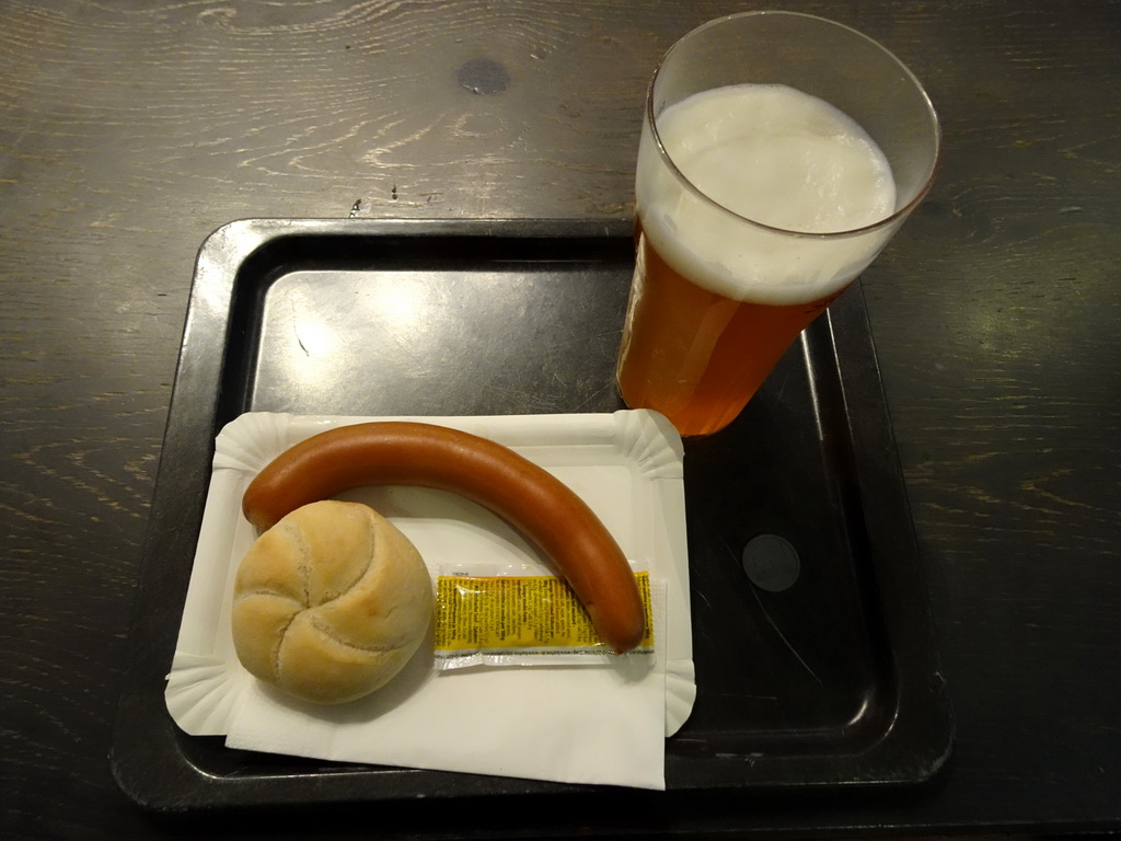 Hot dog and beer at the Stortebeker Elbphilharmonie café at the Elbphilharmonie concert hall