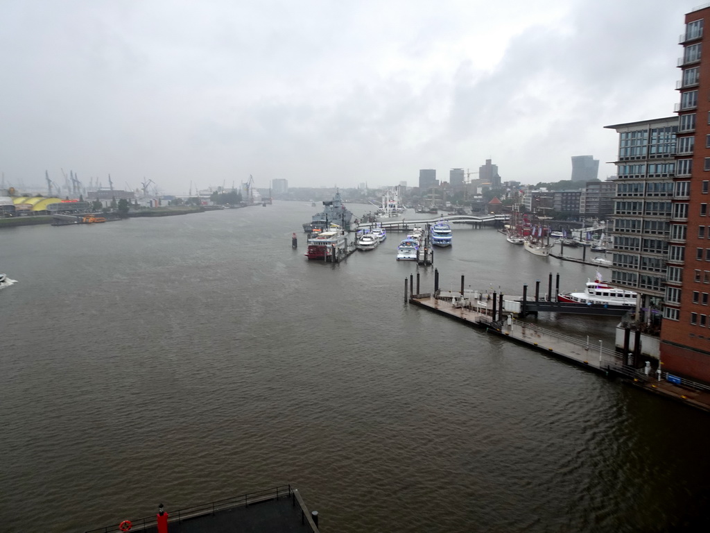 Boats in the Elbe river, the Niederhafen harbour and the St. Pauli Piers, viewed from the viewing window of the Elbphilharmonie concert hall