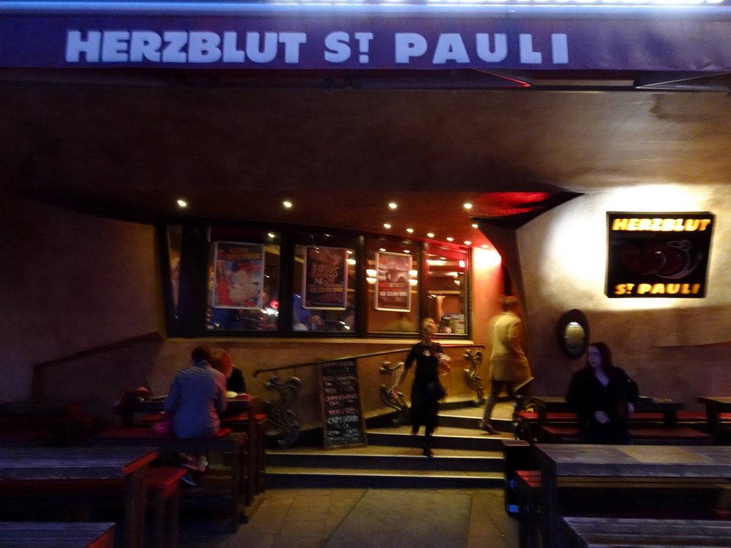 Front of the Herzblut St. Pauli restaurant at the Reeperbahn street, at sunset