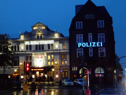 Front of the St. Pauli Theater and the police office at the Spielbudenplatz square, at sunset