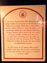 Information on the performances of the Beatles at the Kaiserkeller club, now the Große Freiheit 36 club