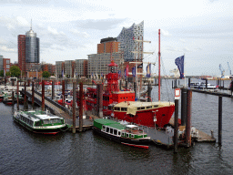 The Niederhafen harbour, the Elbe river, the Hanseatic Trade Center, the Harbor Police Station No. 2, the Kehrwiederspitze building and the Elbphilharmonie concert hall, viewed from the Elbpromenade