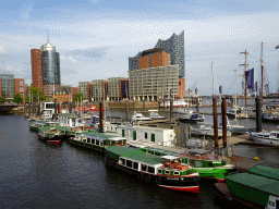 The Niederhafen harbour, the Elbe river, the Hanseatic Trade Center, the Harbor Police Station No. 2, the Kehrwiederspitze building and the Elbphilharmonie concert hall, viewed from the Elbpromenade
