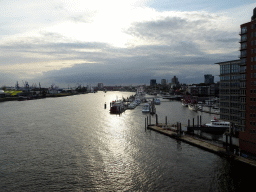 Boats in the Elbe river, the Niederhafen harbour and the St. Pauli Piers, viewed from the viewing window of the Elbphilharmonie concert hall