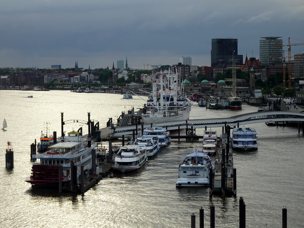 Boats in the Elbe river, the Niederhafen harbour and the St. Pauli Piers, viewed from the viewing window of the Elbphilharmonie concert hall