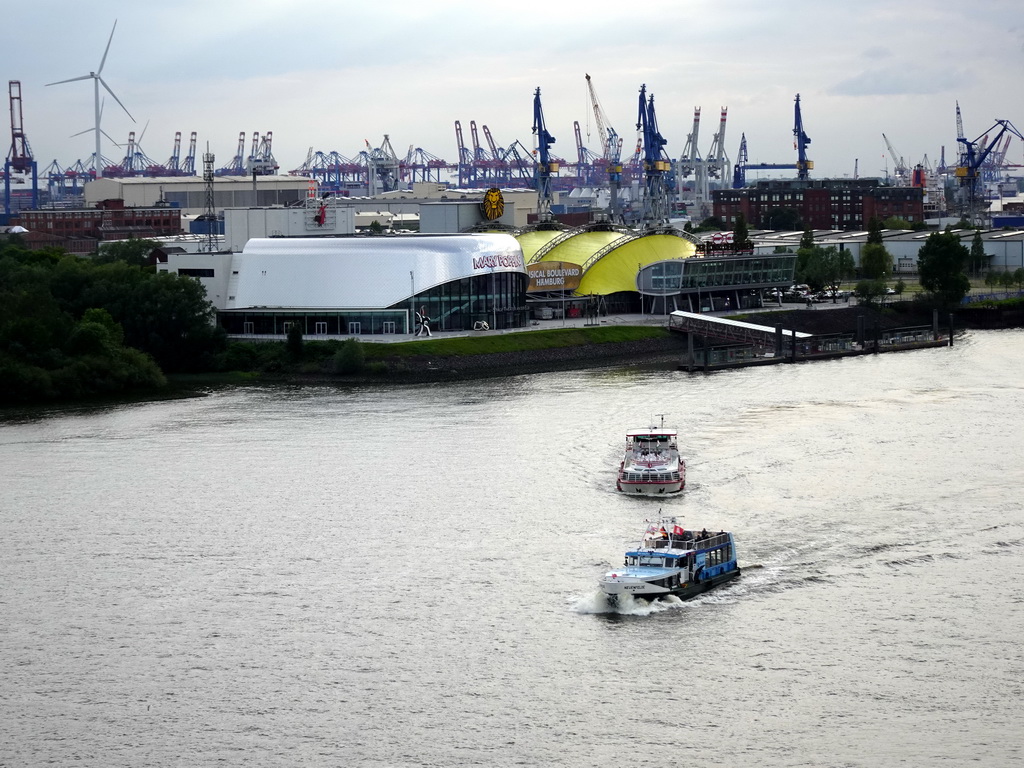 Boats in the Elbe river, the Theater an der Elbe, the Theater im Hafen and the Hamburg harbour, viewed from the viewing point of the Elbphilharmonie concert hall