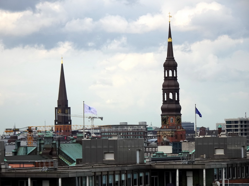 Northeast side of the city with the towers of St. James` Church and St. Katharinen Church, viewed from the viewing point of the Elbphilharmonie concert hall