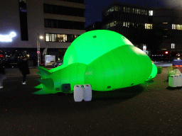 Inflatable pillow in front of the Elbphilharmonie concert hall at the Am Kaiserkai street, by night
