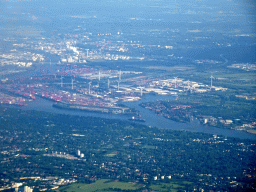 The Elbe river and the Waltershof area of the Hamburg harbour, viewed from the airplane to Amsterdam