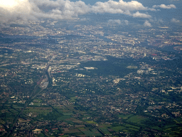 The city of Hamburg with the Altona Volkspark, the Volksparkstadion stadium and the Elbe river, viewed from the airplane to Amsterdam