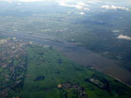 The Elbe river with the islands Lühesand and Hanskalbsand and the town of Wedel, viewed from the airplane to Amsterdam