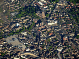 The city of Hilversum with the Sint Vituskerk church, viewed from the airplane to Amsterdam