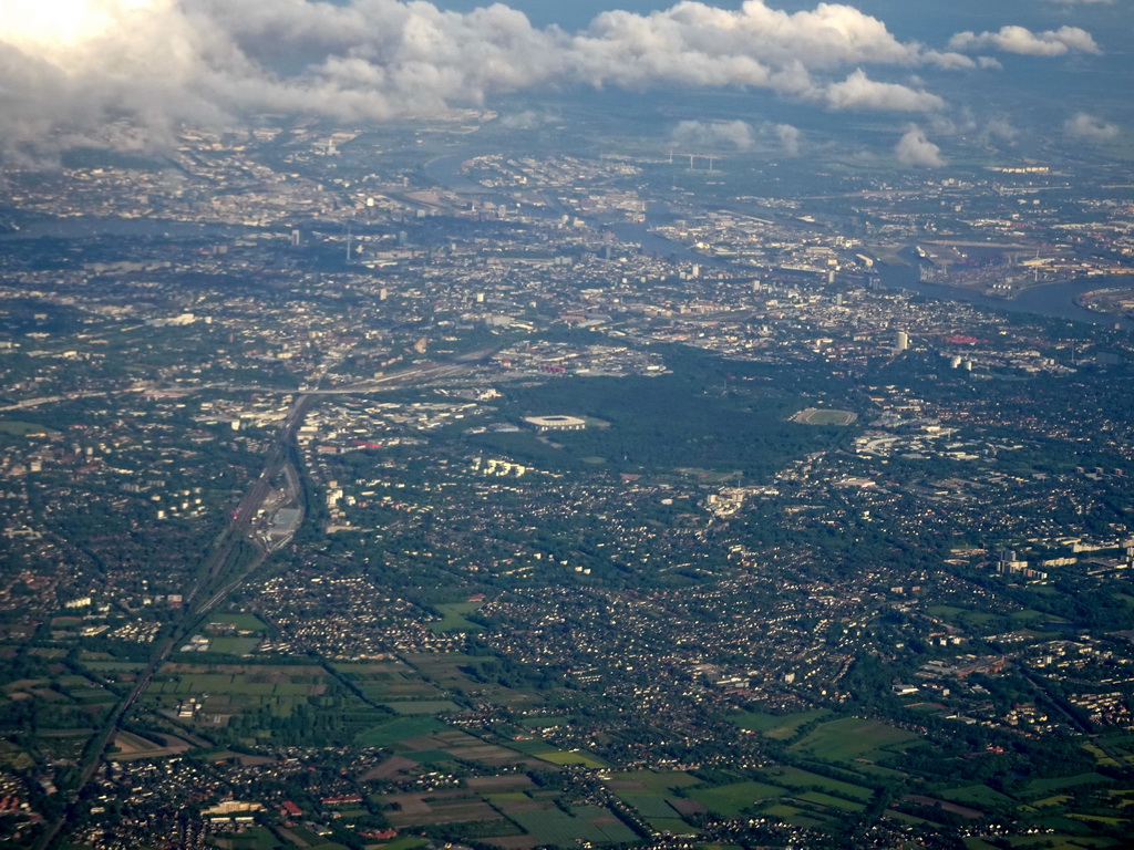 The city of Hamburg with the Altona Volkspark, the Volksparkstadion stadium and the Elbe river, viewed from the airplane to Amsterdam