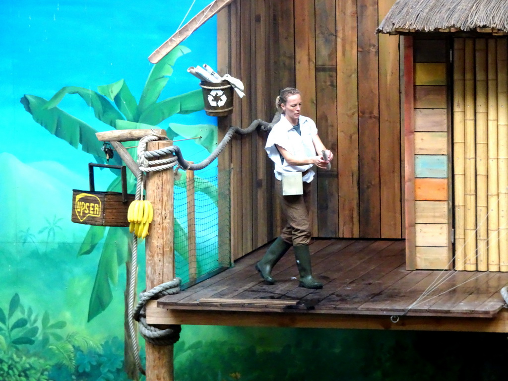 Zookeeper during the `Avontureneiland en het Magische Amulet` show at the Zoete Zeeleeuwentheater at the Dolfinarium Harderwijk