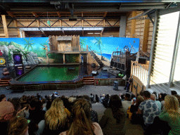 Zookeeper during the `Avontureneiland en het Magische Amulet` show at the Zoete Zeeleeuwentheater at the Dolfinarium Harderwijk